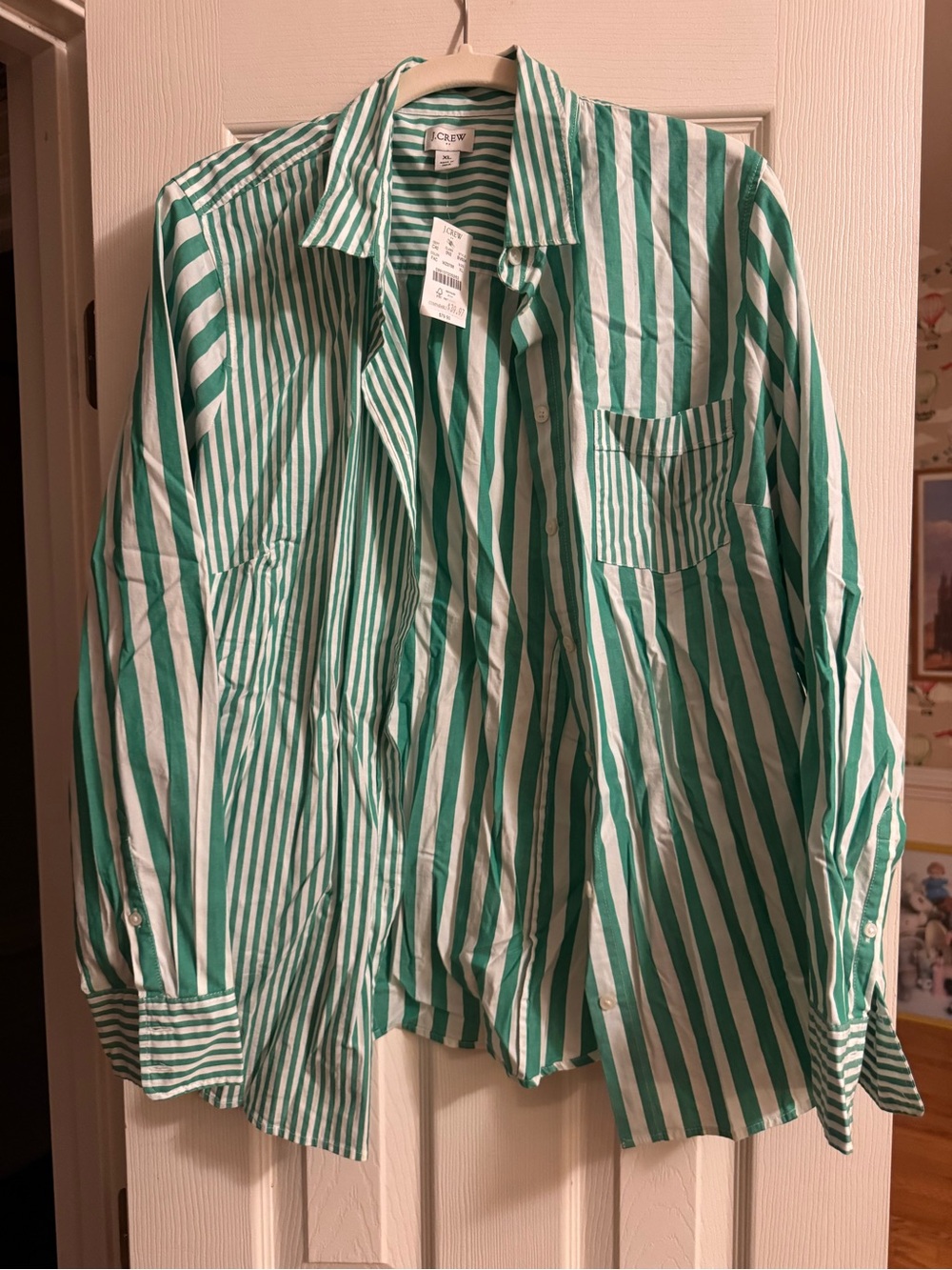 J. Crew Men’s Green and White Vertical Striped Button-Down Shirt
